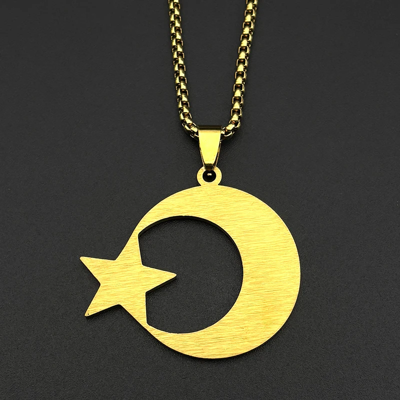 Muslim Islam Enamel Crescent Moon Star Stainless Steel Chain Necklaces for Women Men Gold Color Hebrew Necklace Jewelry Gift