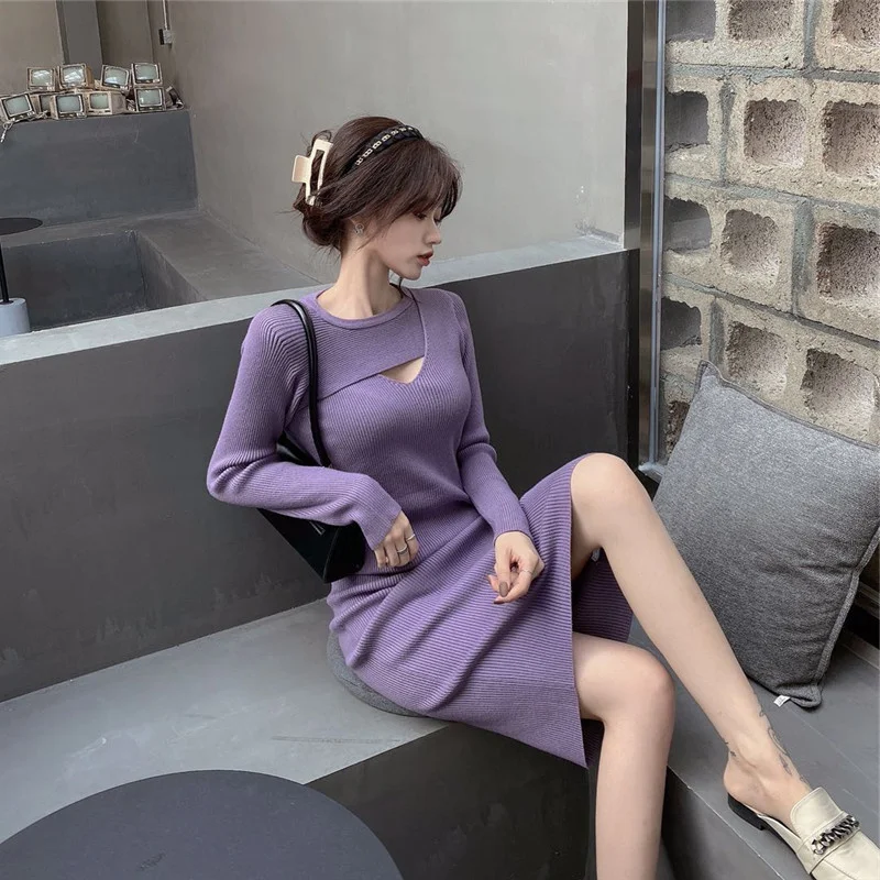 Fall 2024 New Black Underwear Underlay Cutout Knit Dress Small Hepburn Style Slim Slim Sweater Dress