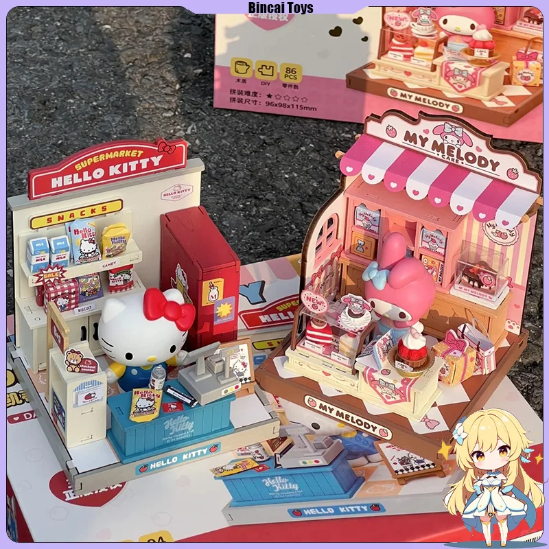 

genuine Sanrio Family Kawaii Store Manager Series Assembling House Model Toys Anime Kuromi Pochacco Mymeldoy Ornament Kids Gift