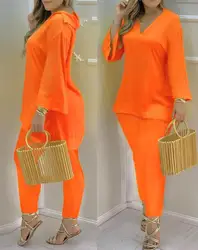 Conjunto de dos piezas para mujer, Top y pantalones informales con cuello en V, manga larga, traje elegante y Chic, ropa de calle diaria