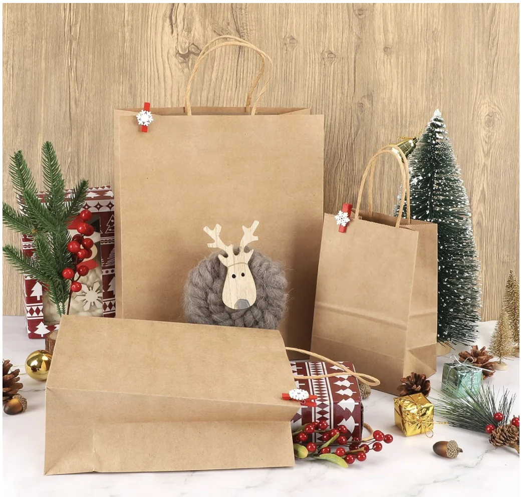 20pcs Brown Paper Bags with Handles 100% Recyclable Kraft Paper | Ideal for Gifts, Shopping, Boutique, Packaging,