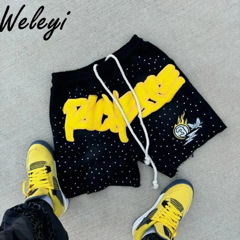 Street Letter Print Rhinestones Mens Shorts Basketball Shorts Casual Men Clothing Loose Casual Sweatpants Shorts for Men Pants