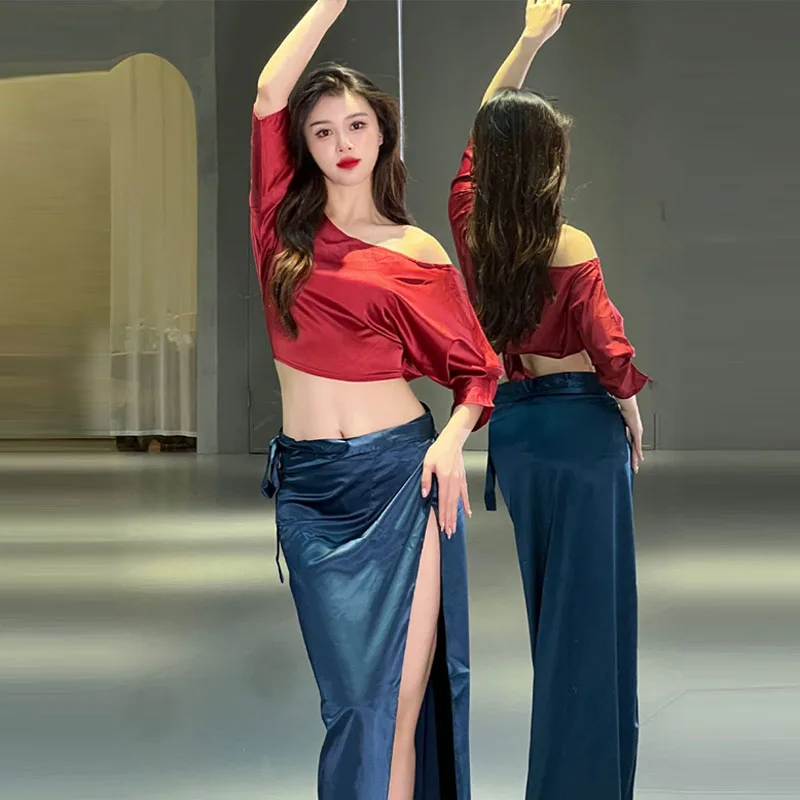 

Women crop top slit skirt set sexy Irregular belly dance costume belly dance wear belly dancing top skirt class practice clothes
