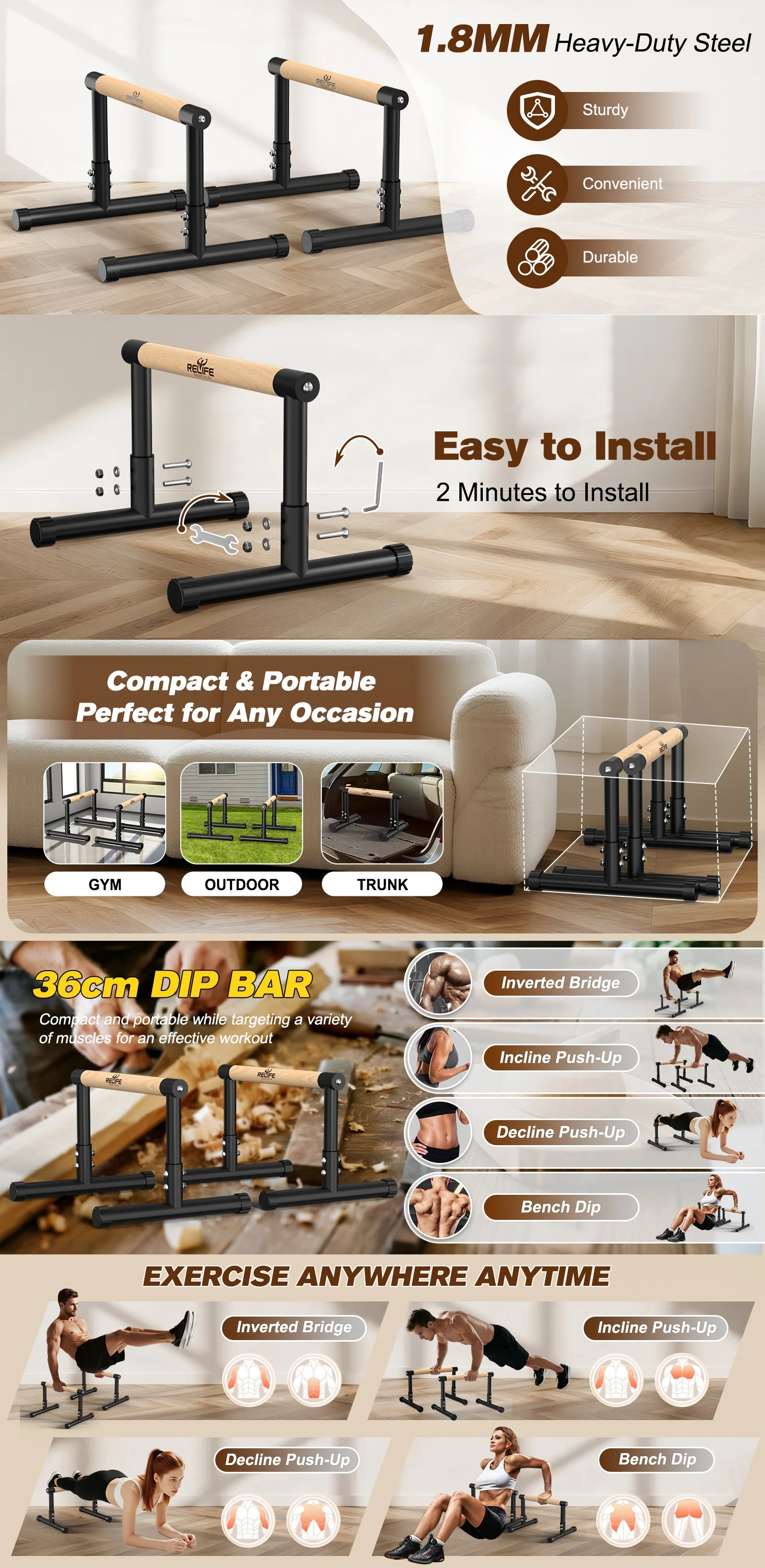 Relife Dip-Station für Übungen - Parallelbarren - Hochbelastbarer Dip-Ständer - Stabile Fitness-Dip-Barren – Detail 1