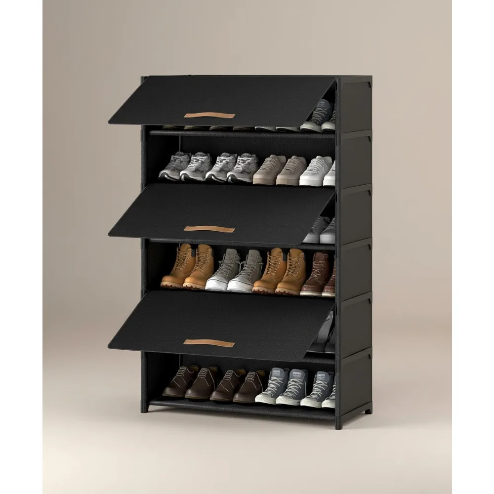 

7-Tier Shoe Storage Cabinet with Door, 28-Pair Plastic Shoe Organizer for Closet Entryway Hallway Bedroom
