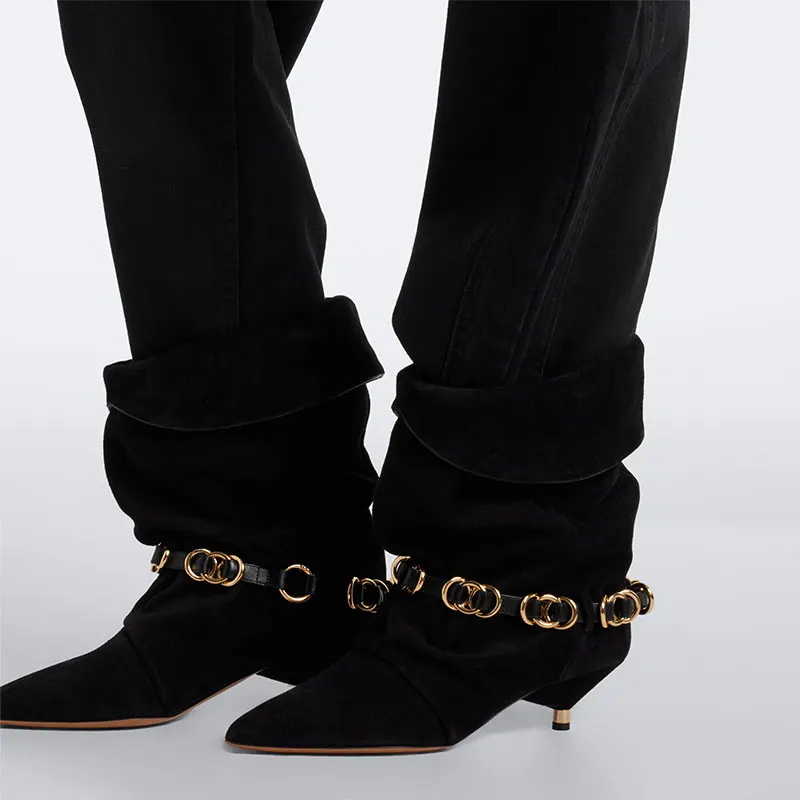 Vintage Roll Top Slouch Mid Calf Boots Women Metal Ring Strap Pointed Toe Slim Kitten Heel Cowboy Style Dress Party Boots