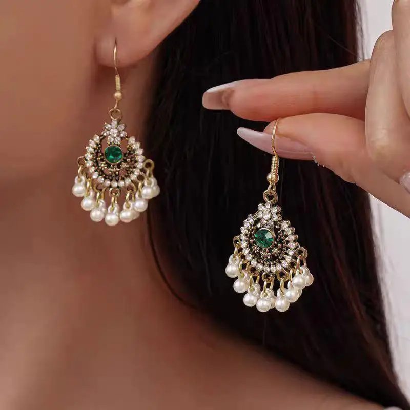 Beaded Tassel Drop Earrings Hook Piercing Imitation Pearl Ethnic Style Earrings Ear Jewelry Rhinestone