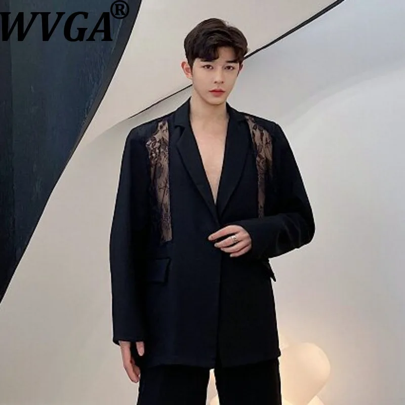WVGA Spring Autumn New Men's Tide Elegant Dark Style Hollow Out Lace Patchwork Trendy Blazer Niche Chic Casual Jacket Ins W20949