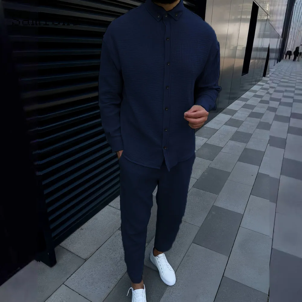 Men Casual Street Two Piece Sets 2024 Europe Style Vintage Blouse and White Ankle-Length Pants Suit Male Beach Tracksuits Set