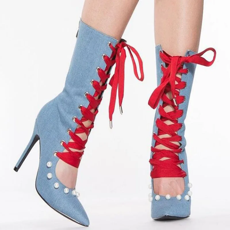 New Ladies Light Blue Jeans Denim Red Cross Tied Lace Up Front Pearl Pointed Toe Shallow Hollow Thin Heels Mid-calf Boots Shoes view 2