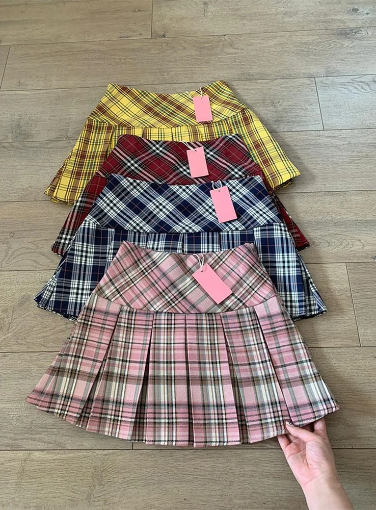 Pink Plaid Half Skirt Women's Summer New High Waist Slimming School Style Anti-Light JK Short Skirt Commute Style A-Line Poly...