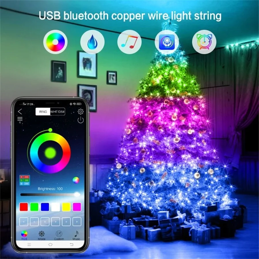 10/20M BT/APP Control LED RGB String Lights USB Remote Outdoor Christmas Garland Music Sync Fairy Lights for Party Wedding Decor