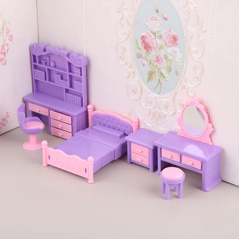 6Pcs/Set 1:12 Dollhouse Miniature Desk Chair Dressing Table Bedside Table Bed Furniture Model Decor Toy Doll House Accessories