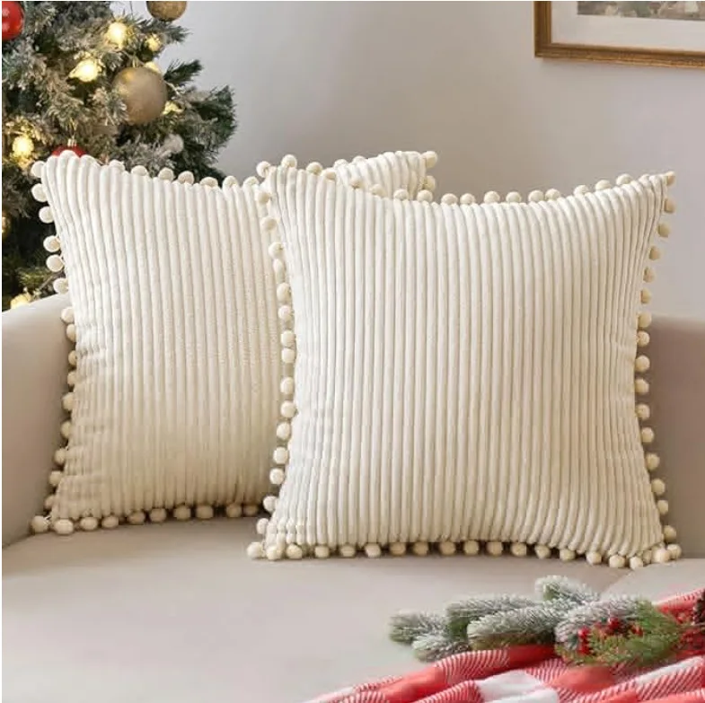 Dekorative Kissenbezüge im Boho-Stil mit Bommeln, 45 x 45 cm, Kissenbezüge, Cord-Kissenbezug, süßes und weiches quadratisches Dekokissen