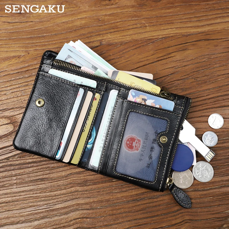 Fashion Men\'s Short Wallet Genuine Leather Card Holder Wallet Coin Purse With Zipper Small Thin Male Short Wallets Money Bag