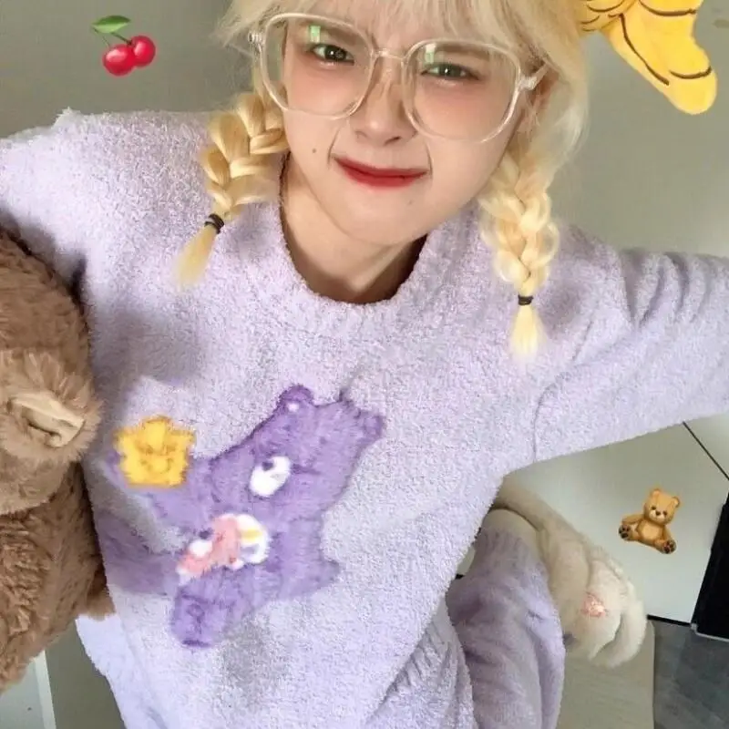 Pijamas de mujer de Corea del Sur, ropa de dormir dulce de dibujos animados, forro polar coral para otoño e invierno, traje grueso para mantener el calor