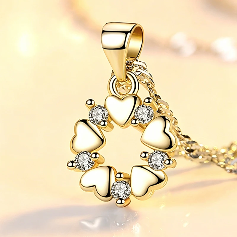 Heart & Moissanite Wreath Pendant Necklace for Women Silver Tone Copper Adjustable Chain
