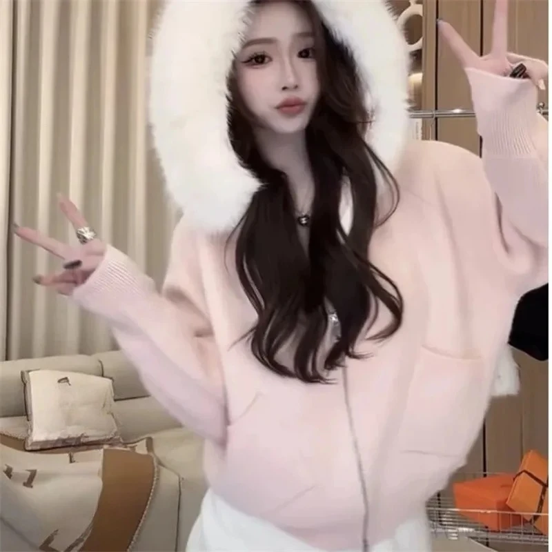 

Wool Collar Temperament Zipper Hooded Jacket Long Sleeved Autumn And Winter Sweater 2026 Knit New Cardigan Jacket Top Beig ZT386