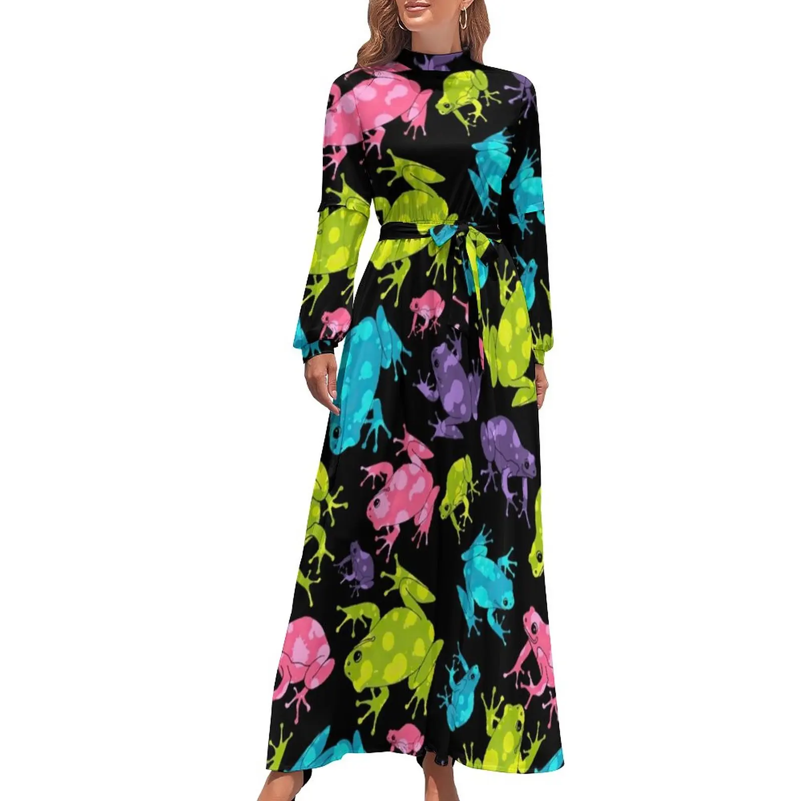 Splash Kikker Jurk Hoge Taille Veelkleurige Dierenprint Boho Strandjurken Lange Mouw Street Style Lange Maxi Jurk Elegante Kleding