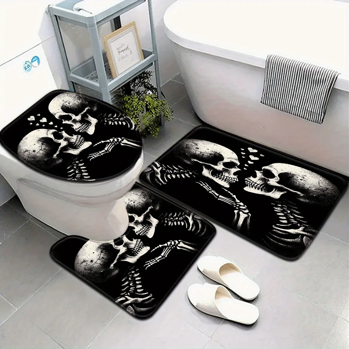 3pcs Skull Heart Bathroom Rug Set Non-Slip U-Shaped Mat and Toilet Lid Cover Black Gothic Theme Washable Indoor Floor Mats