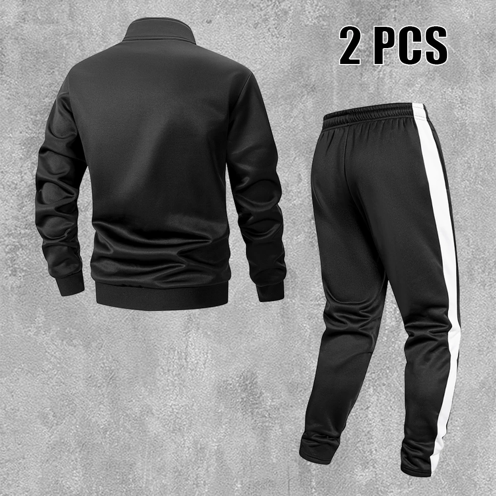 Immagine 6: Completo Sportivo Casual da Uomo con Giacca con Zip e Stampa Geometrica a Stelle e Pantaloni con Coulisse, Abbigliamento Sportivo per Fitness e Pendolarismo Autunnale
