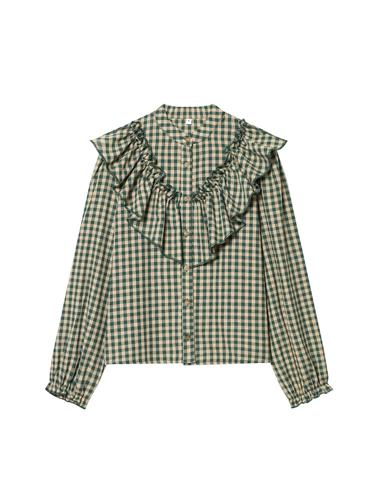 เสื้อเชิ้ตผู้หญิงลำลอง TFMLN แฟชั่นตกแต่งระบายชั้นๆ ลายสก็อตเก๋ไก๋ แขนยาว เสื้อเบลาส์สำหรับฤดูใบไม้ผลิและฤดูใบไม้ร่วง เสื้อติดกระดุมสุดชิคสำหรับผู้หญิง ﻿