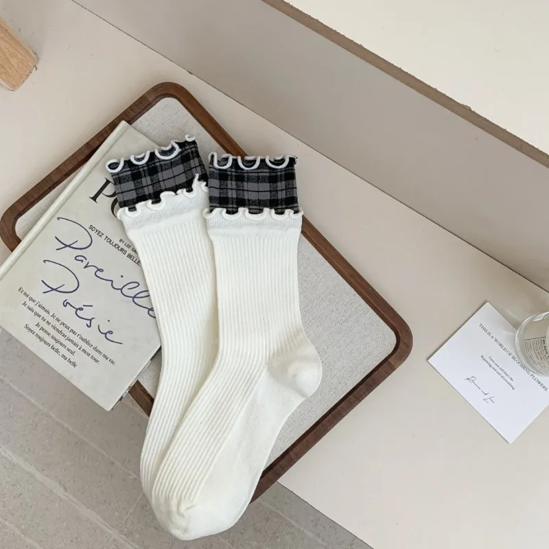 5 Pairs Fall Winter Warm Socks Korean-Style Casual Grid Cotton Fancy Women Socks for Girls Long Women's Socks Set High Quality