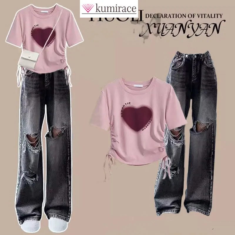 Spring/Summer Set Women's Korean Version Drawstring Short Sleeved T-shirt+casual Distressed Jeans Two-piece Set