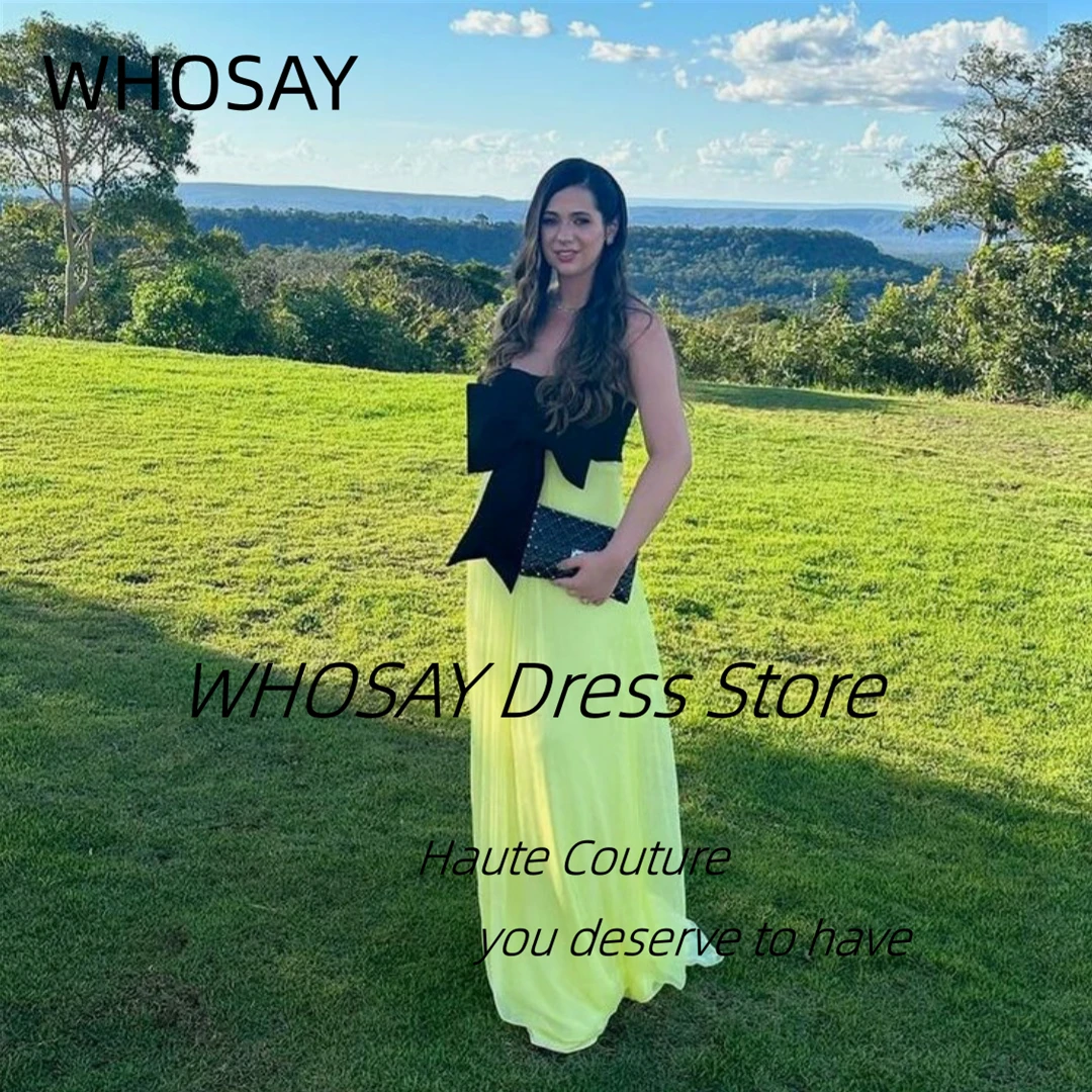 WHOSAY Outdoor Party Women Wear Strapless Prom Dresses with Bow Contrast Color Evening Gowns Long Maid of Honor Wedding Dress