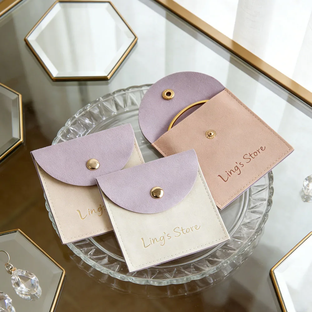

50Pcs Personalized Jewelry Snap Button Microfiber Bag Suede Velvet Envelope Flap Pouch Ring Earrings Bracelet Box Storage Sack