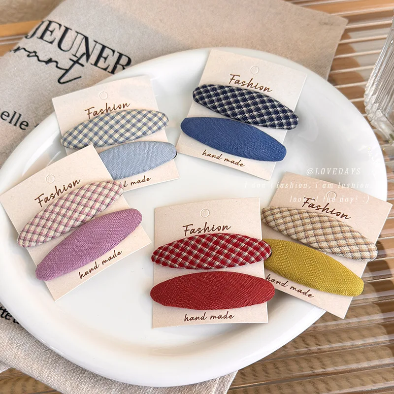 Premium Fabric Hair Clips Set Plaid Oval Design 2 Pack Side Bang Flyaway Clip BB Clasp for Women Daily