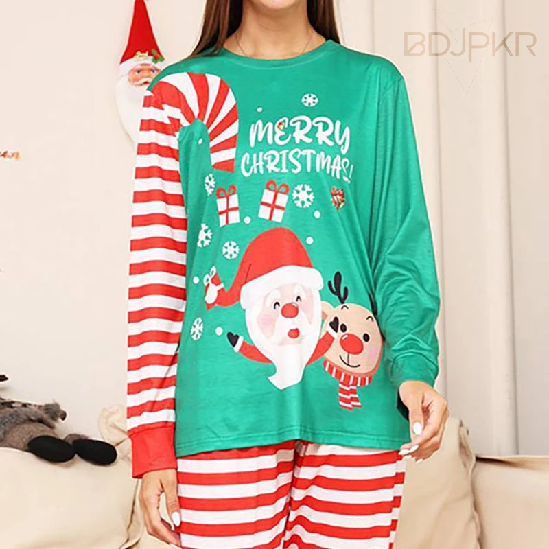 

Женский рождественский пижамный комплект, принт Санта-Клауса и оленя, высококачественная праздничная одежда для сна, домашняя одежда с полным принтом оленя Санта-Клауса