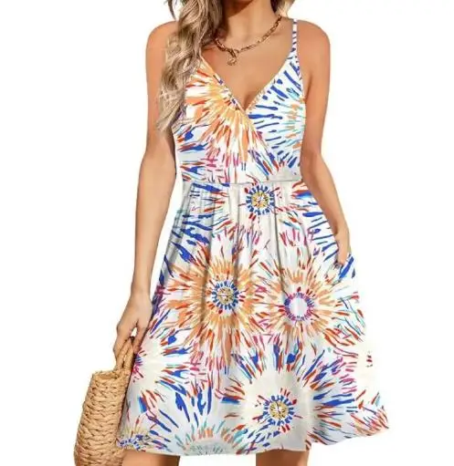 Summer Dress Woman 2025 V-Neck Casual Beach Flowing Mini Dress for Women Elegant Casual Floral Print High Waist Suspender Dress