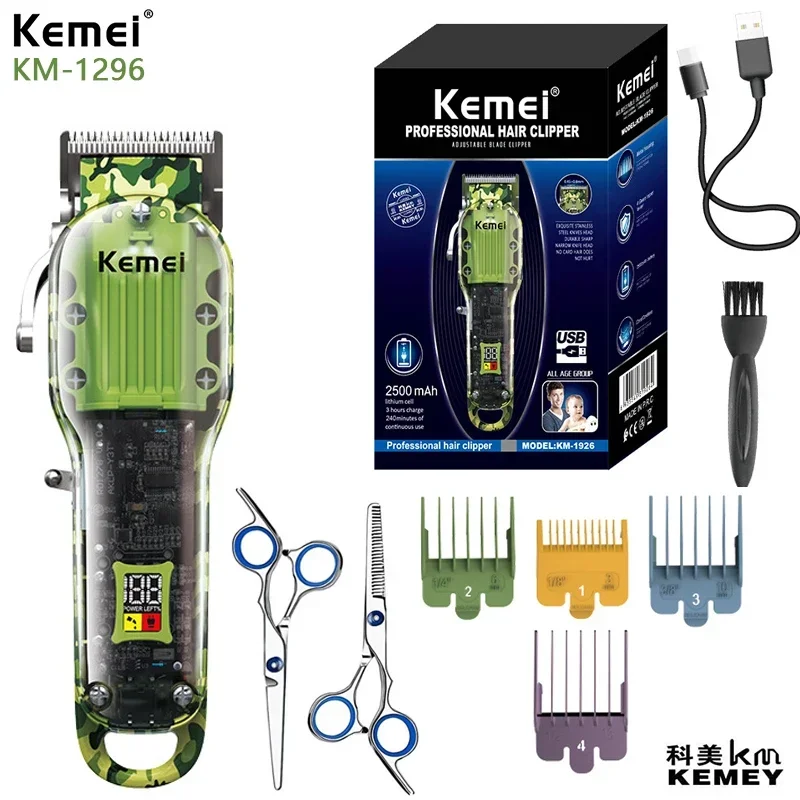 Kemei Km-1926 Transparent Body Digital Display USB Charging Professional Electric Hair Clipper Hair Cutting Machine for Men