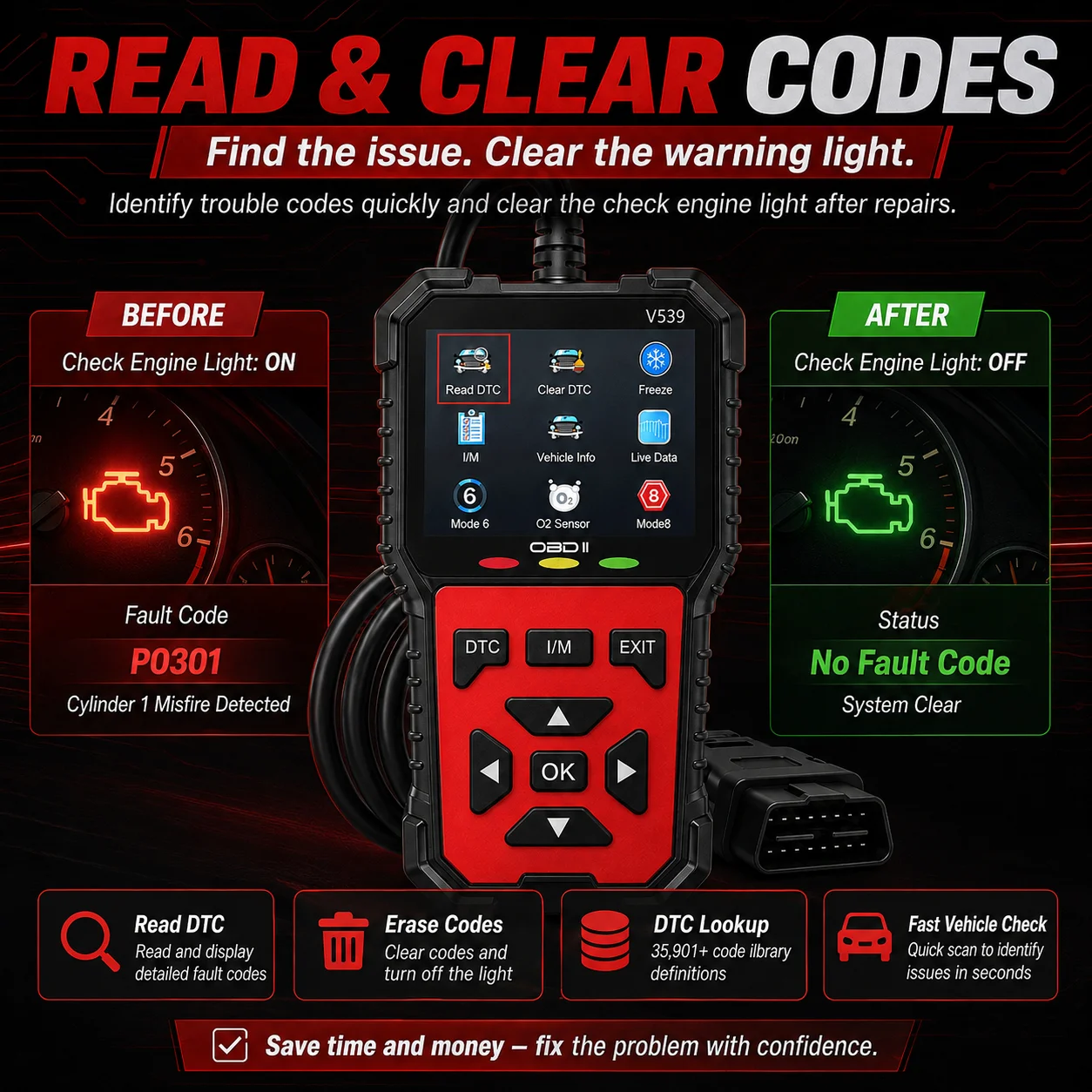 Professional OBD2 Scanner Car Diagnostic Tool, Engine Fault Code Reader with Silicone Buttons, OBDII Code Scanner for Reading &
