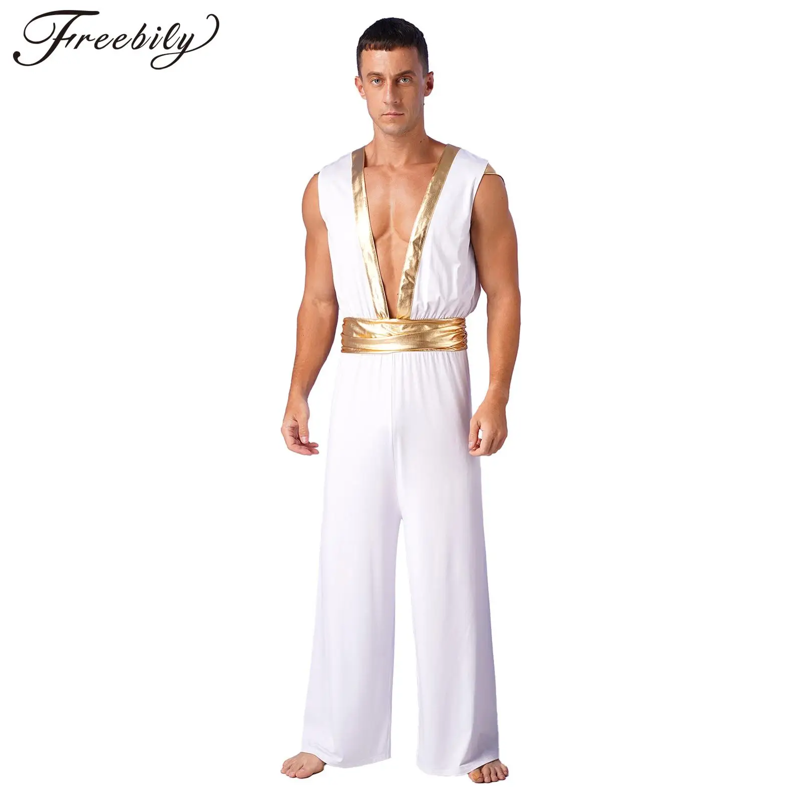 

Mens Arabian Prince Costumes Metallic Splice Ruched Deep V Neck Sleeveless Loose Jumpsuit Halloween Cosplay Fancy Dress