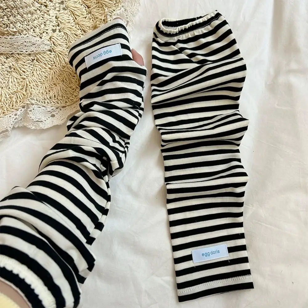 

2025 Striped Ice Silk Long Sleeve Korean Fashion Women's Sun Protection Sleeve Driving Cycling Outdoor Sports Fingerless Gloves
