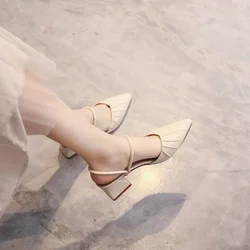 Party Women Mules Slipper Pointed Toe Block Strap Closed Shallow High Heels Shoes Sandals Black Beige Square Heels Women Pumps