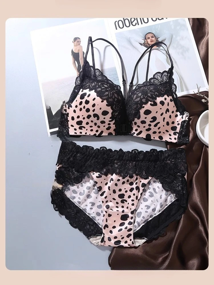 MOYISU Sexy Push-up-BH-Set mit französischer Spitze und Leopardenmuster für kleine Brüste mit Bügel, geraffte Rückseite, Unterwäsche für Damen, Alltagskleidung