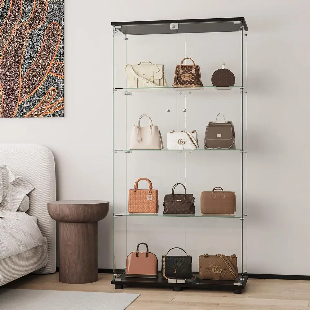 Display Cabinet with 4Shelf Double Doors and Lock, Curio Cabinet 5mm Tempered Glass Floor Standing Bookshelf for Living Room, B - view 6