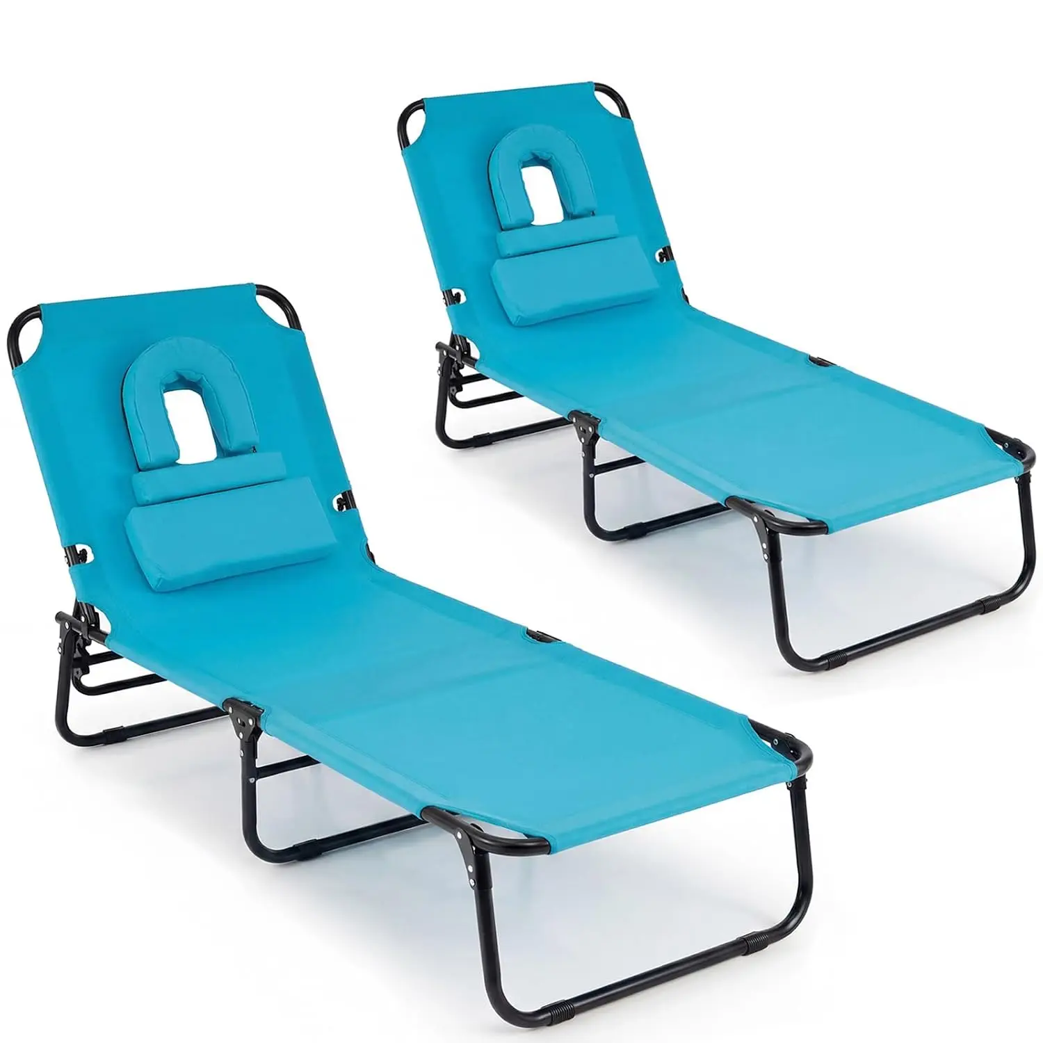 Folding Beach Tanning Lounge Chair w/Face Hole, Removable Pillows, Carry Strap, Sunbathing Chaise for Poolside Yard, Customized