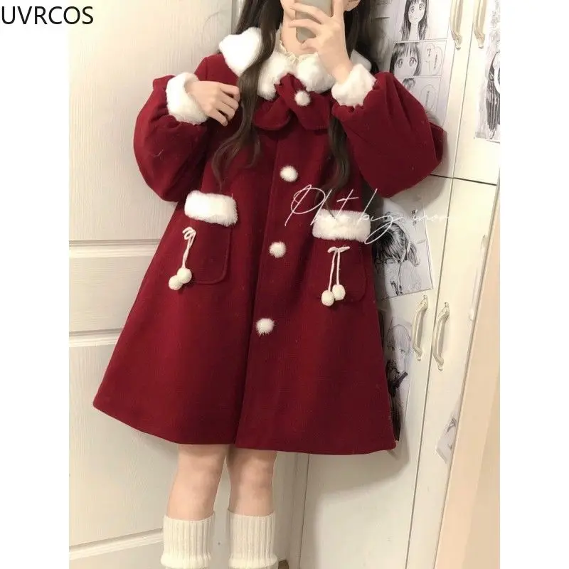 Winter Kawaii Red Wool Coats Women Loose Japanese Sweet Lolita Outwear Jacket Female Korean Style Pockets Warm Bow Overcoat 2024