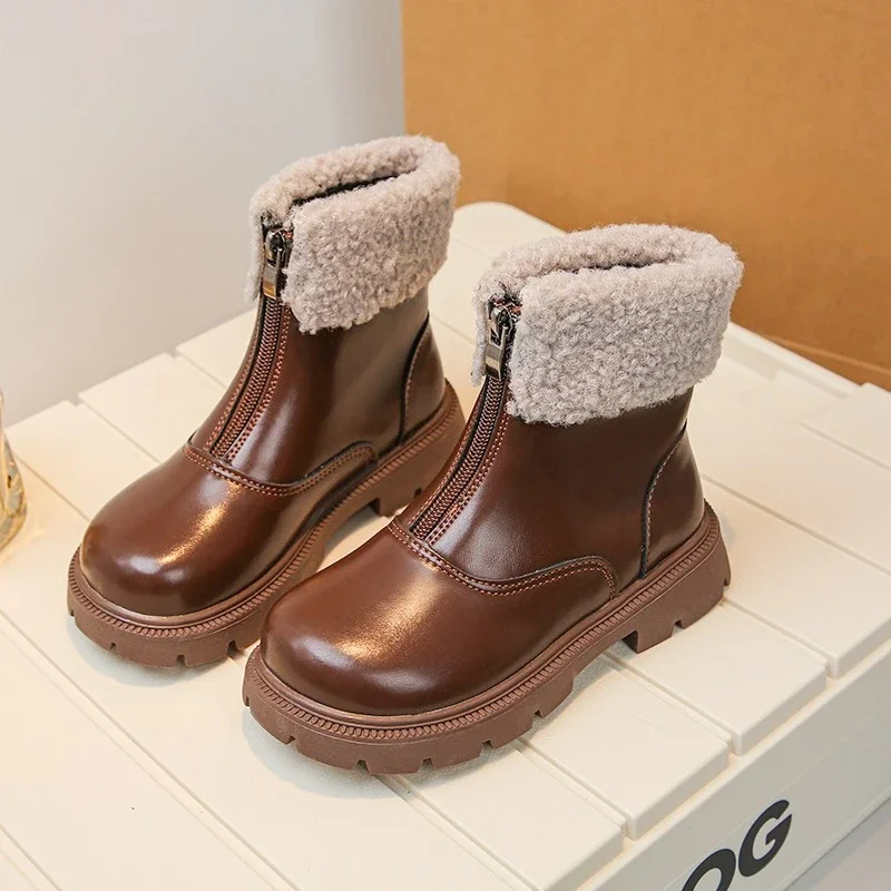 

Fashion Children Plush Boots 2025 New Winter Girls Warm Cotton Boots Thick Bottom Front Zipper Kids Causal Ankle Boots Versatile