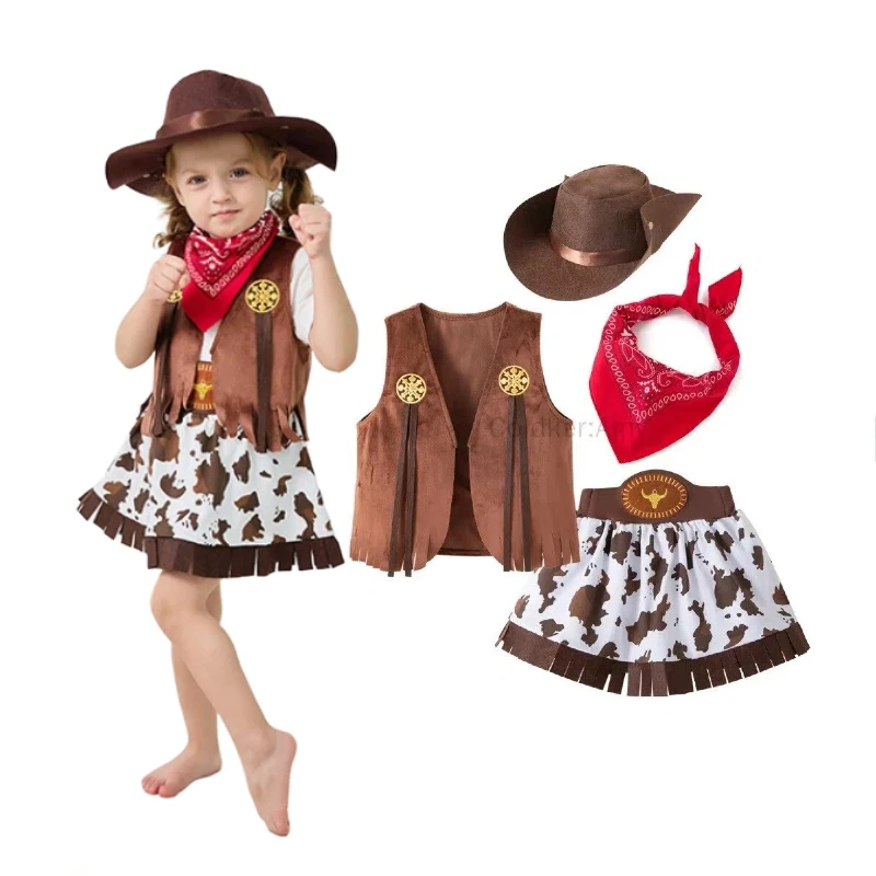 

Kids Purim Costumes Western Cowgirl Costume Set Brown Cowboy Hat Red Bandana Vest Fringe Cow Print Skirt Halloween Dress Up Set
