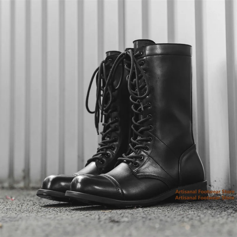 

Thick-Soled Lace Up Men's Boots Round Toe Side Zipper Black Leather Booties British Style Designer Handmade Men's Boots