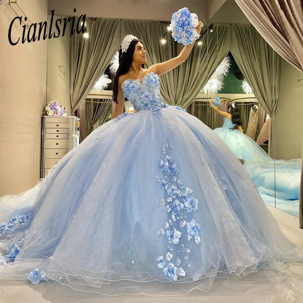 Céu azul flores artesanais vestido de baile quinceanera vestidos fora do ombro apliques de renda 15 16 anos