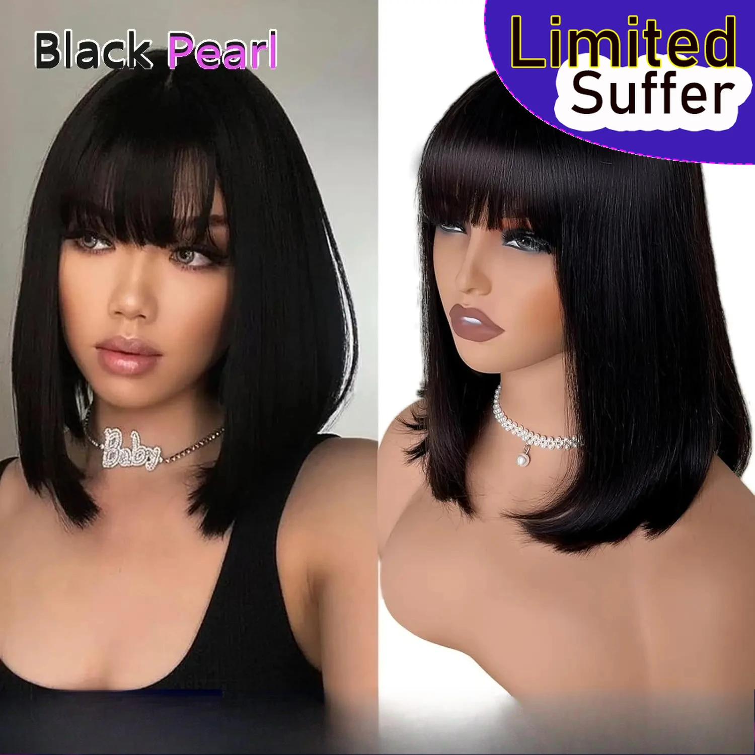 女性用3x1透明レースクロージャーボブウィッグ、ナチュラルブラックボブウィッグ、人毛グルーレスボブウィッグ（前髪付き）、人毛ストレート