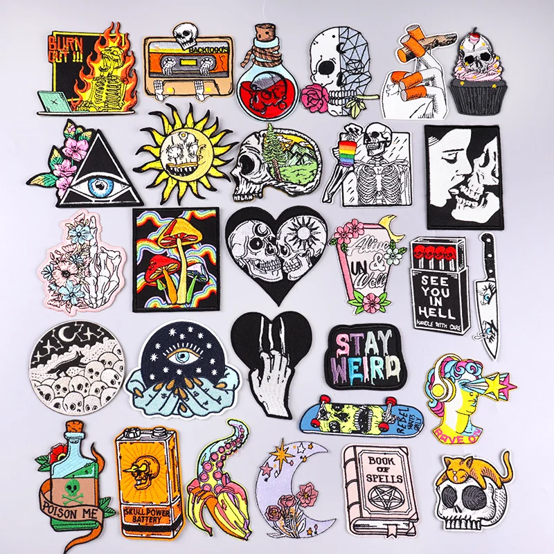 DIY Mushroom Iron On Patches For Clothing Thermoadhesive Patches Punk Embroidery/Fusible Patch Skull Stripes Hippie Sun Decor