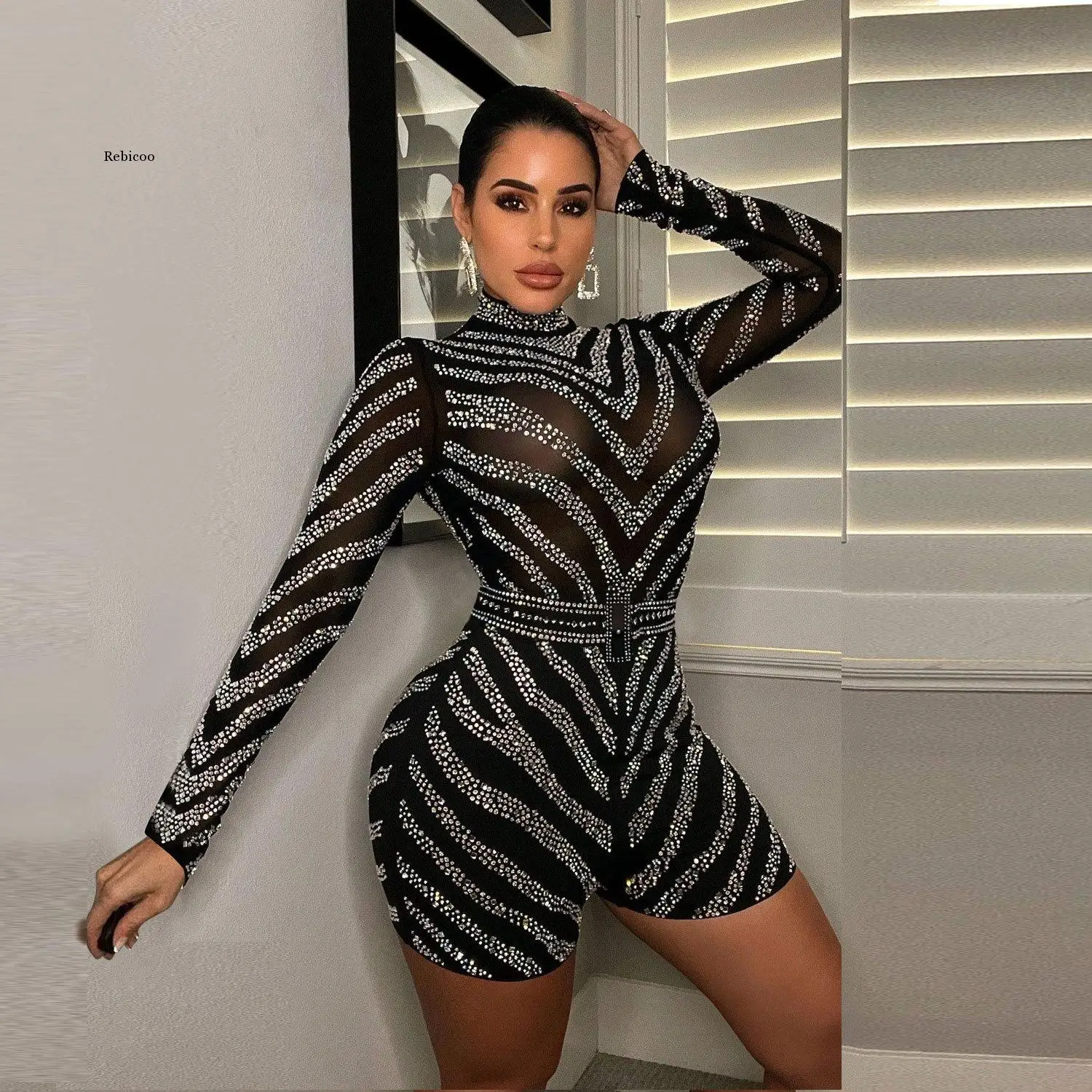 Elegante feminino diamantes strass quente malha ver embora preto macacão sexy festa oversized conjunto de uma peça playsuit geral