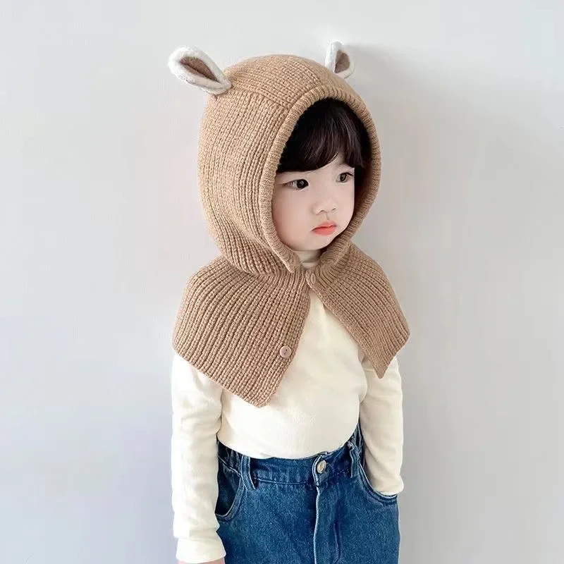 

Children Stereoscopic Rabbit Ear Knit Balaclava Hat Warm Windproof Integrated Scarf Winter Kid Handmade Crochet Hunting Cap Baby